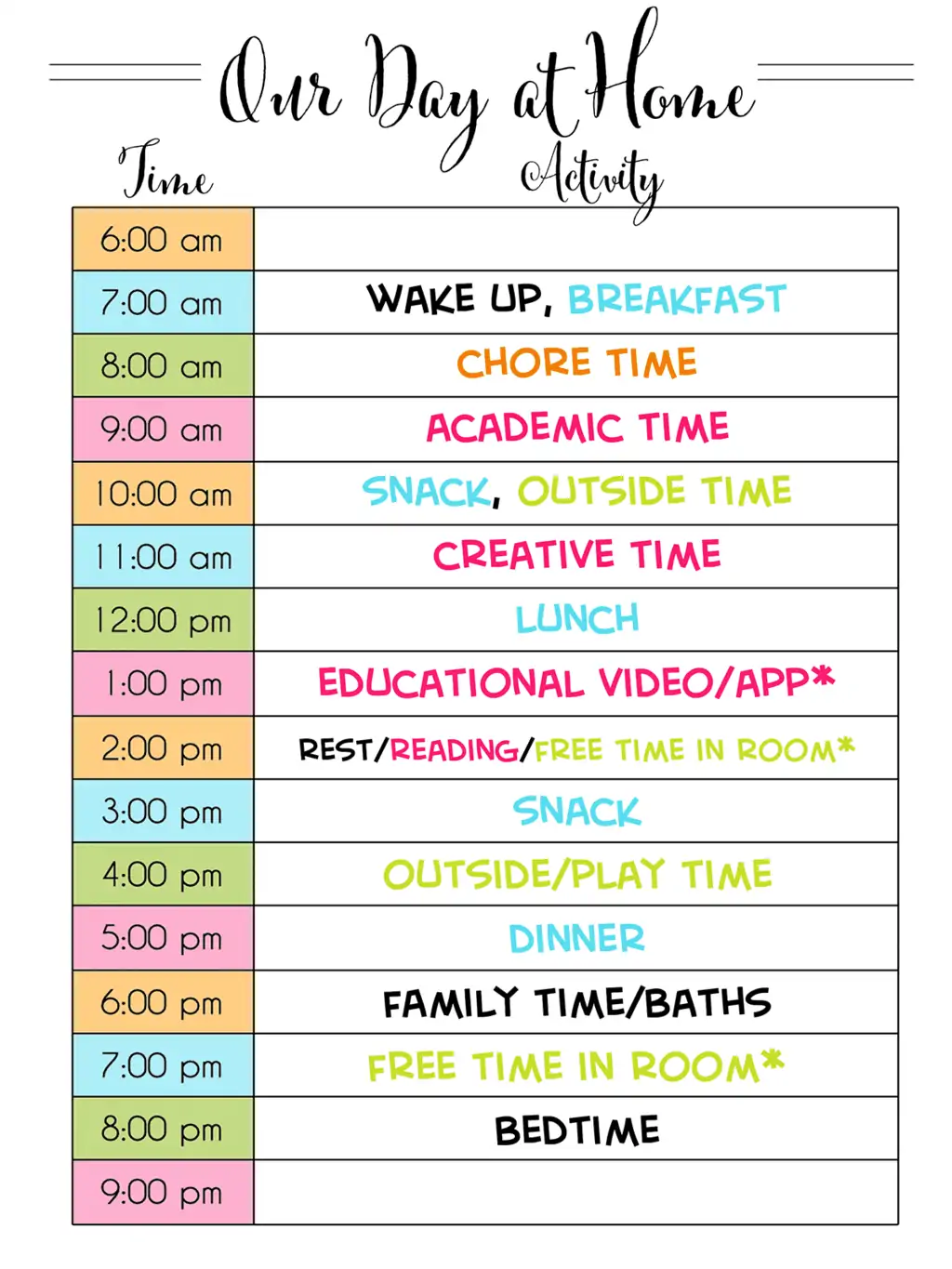 our day at home printable filled in with a schedule