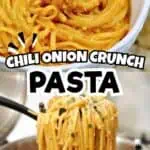 Close-up of spicy chili onion crunch chicken pasta with garnishes in a white bowl.