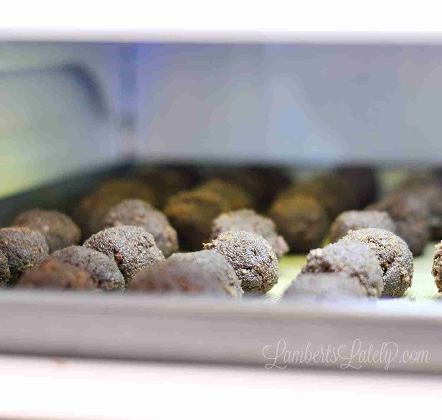chilling brownie balls in a refrigerator on a cookie sheet