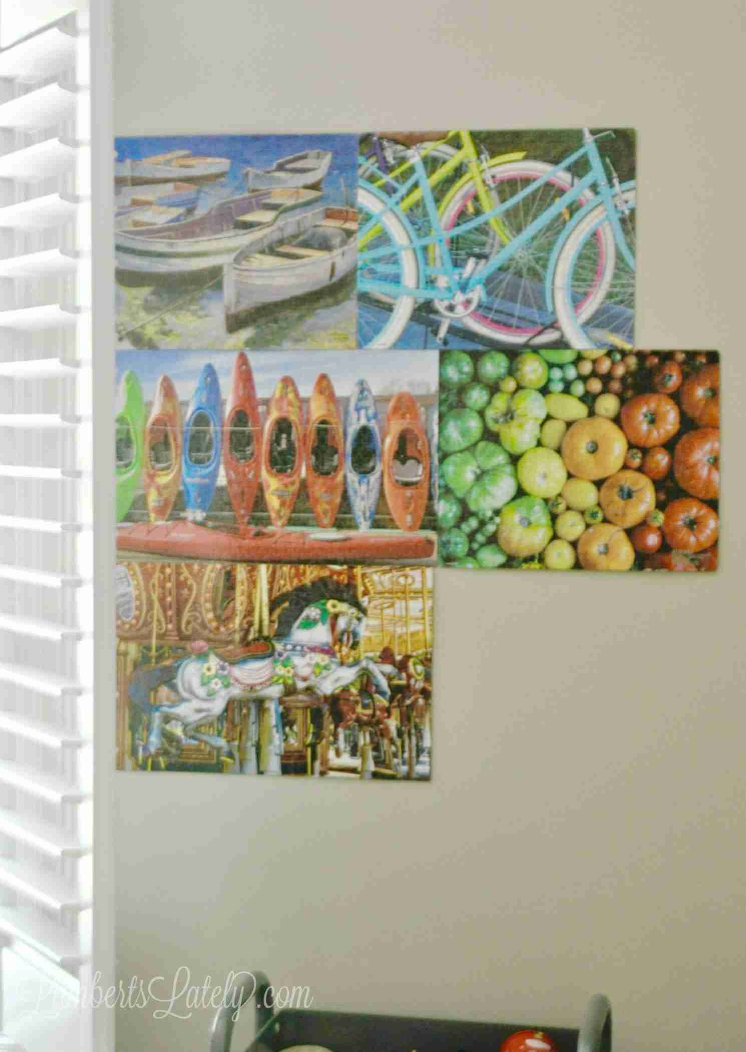 preserved puzzles hanging in a collage on a wall