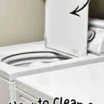 Open washing machine lid with natural cleaning products nearby for maintenance.