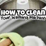 Close-up of a washing machine drum with a cleaning cloth and text overlay about cleaning.