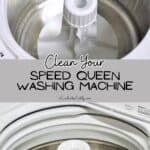 Top loading washing machine drum with cleaning instructions.