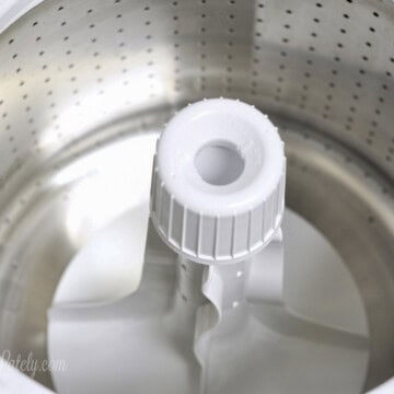 inside the clean drum of a top loading washing machine.