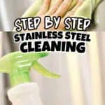 Cleaning stainless steel appliances with a cloth and spray bottle for shine.