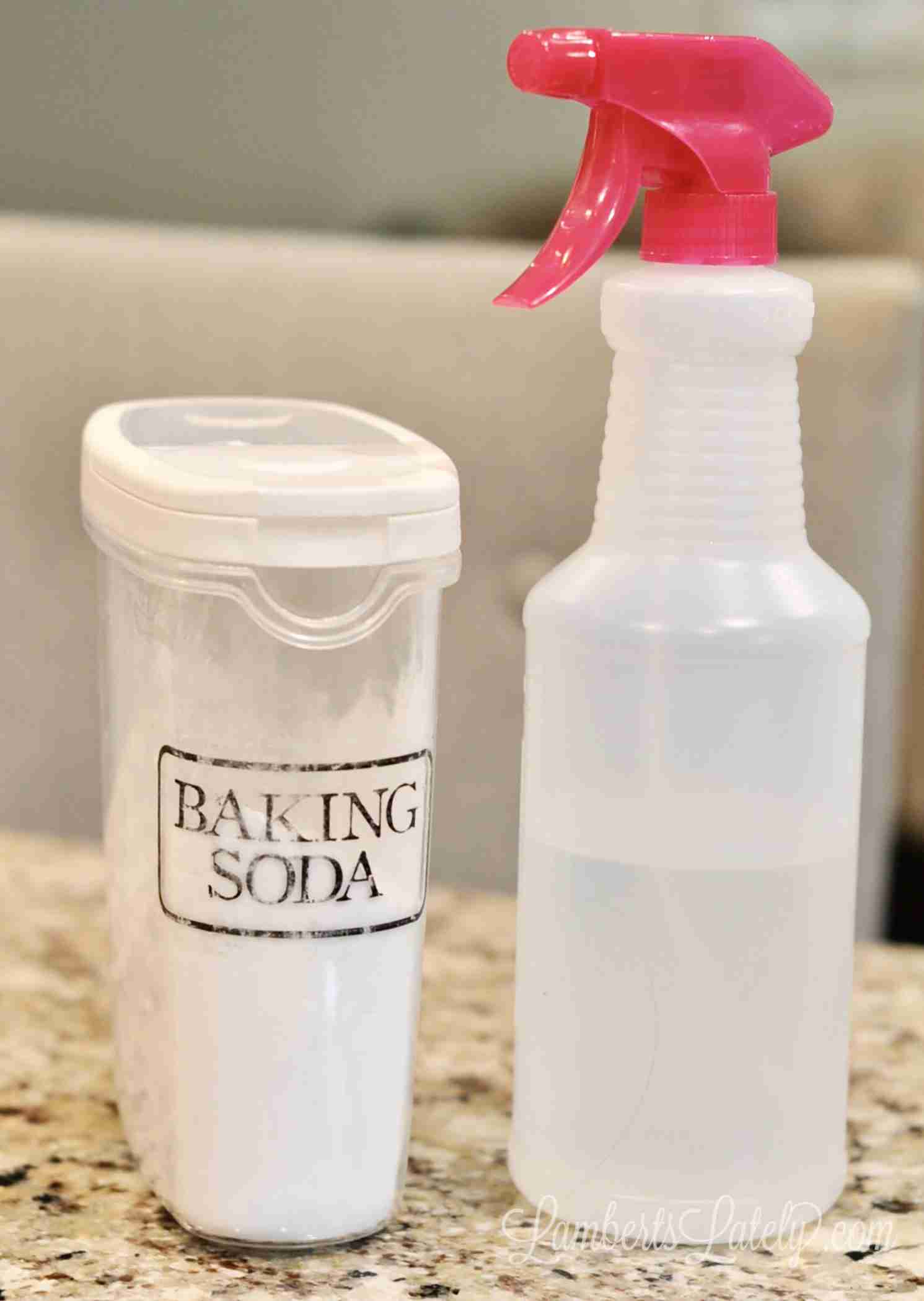 spray bottle of vinegar and baking soda in a canister