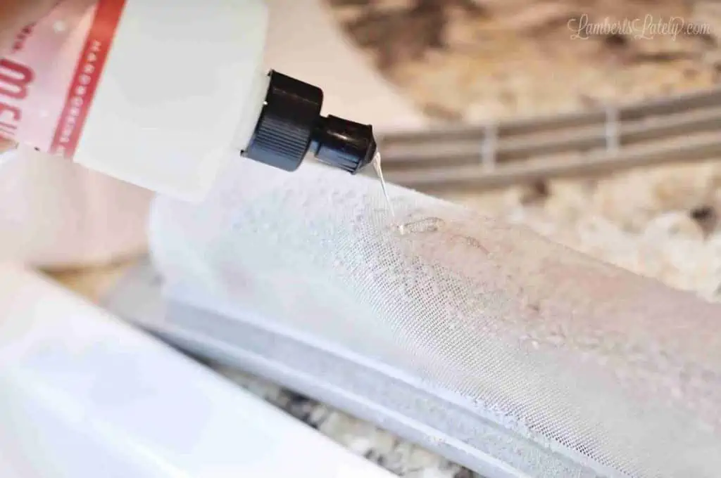pouring dish soap on a dryer filter