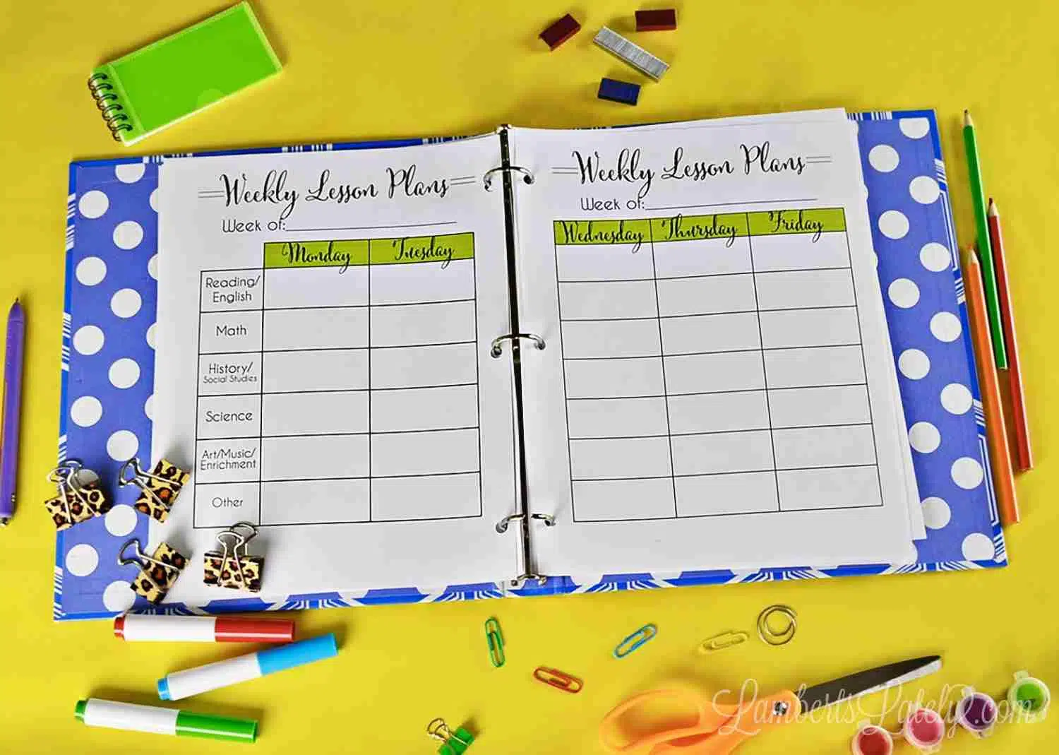 2 weekly lesson plan sheets in a notebook on a yellow desk