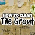 Cleaning supplies and tools for tile grout cleaning on a bathroom floor.