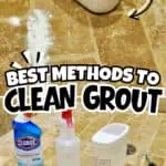 Cleaning supplies on a tiled floor with a mop and spray bottle for grout cleaning.