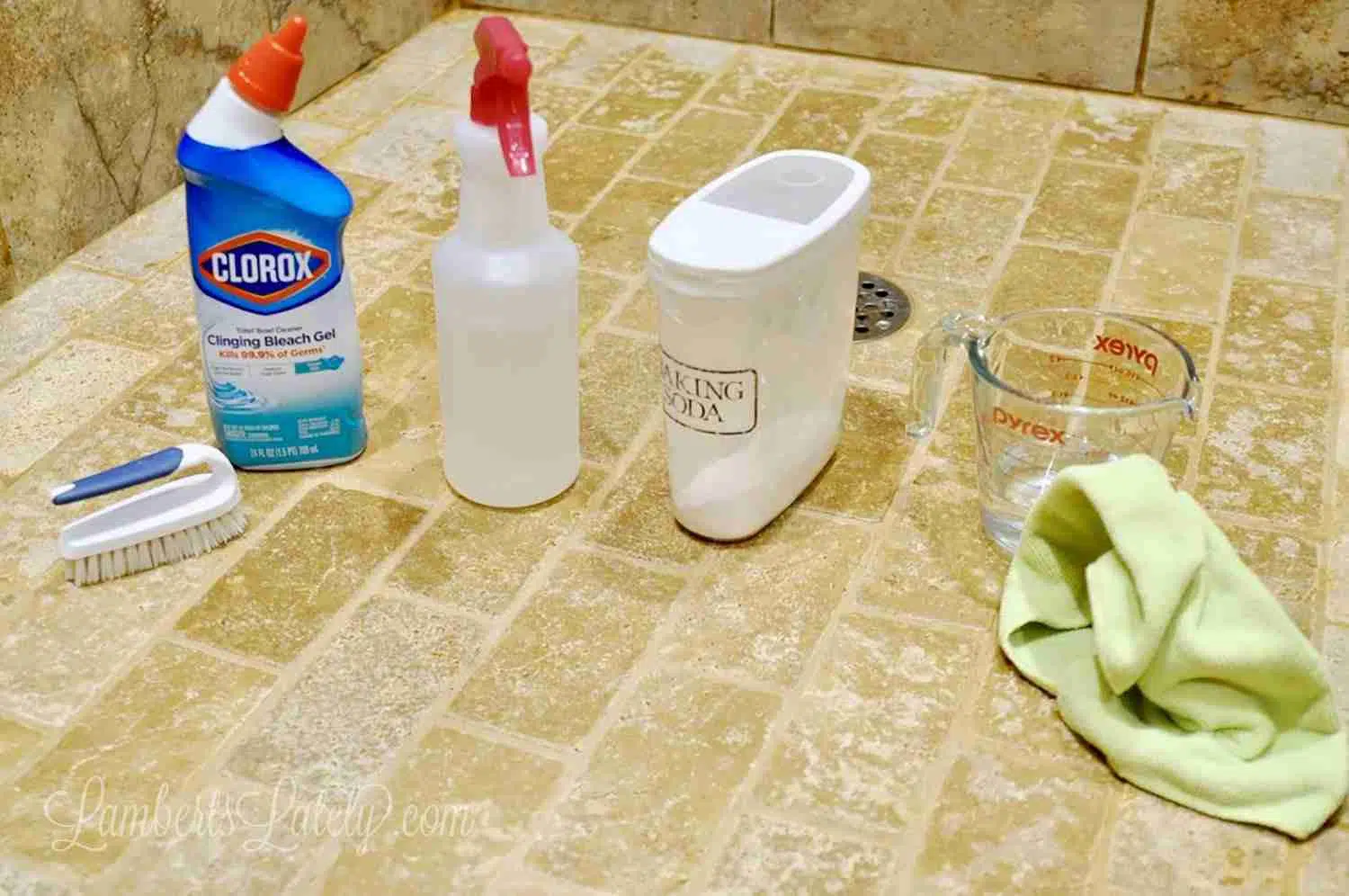 different cleaning products in a tile shower