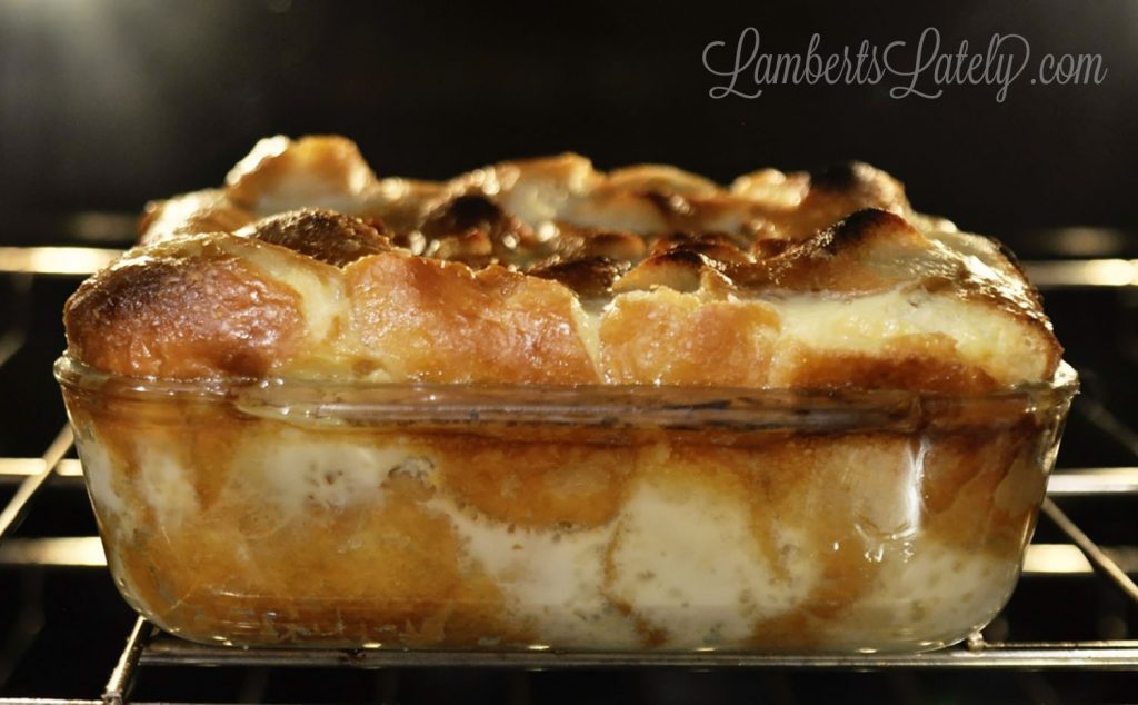 donut bread pudding baking in an oven.