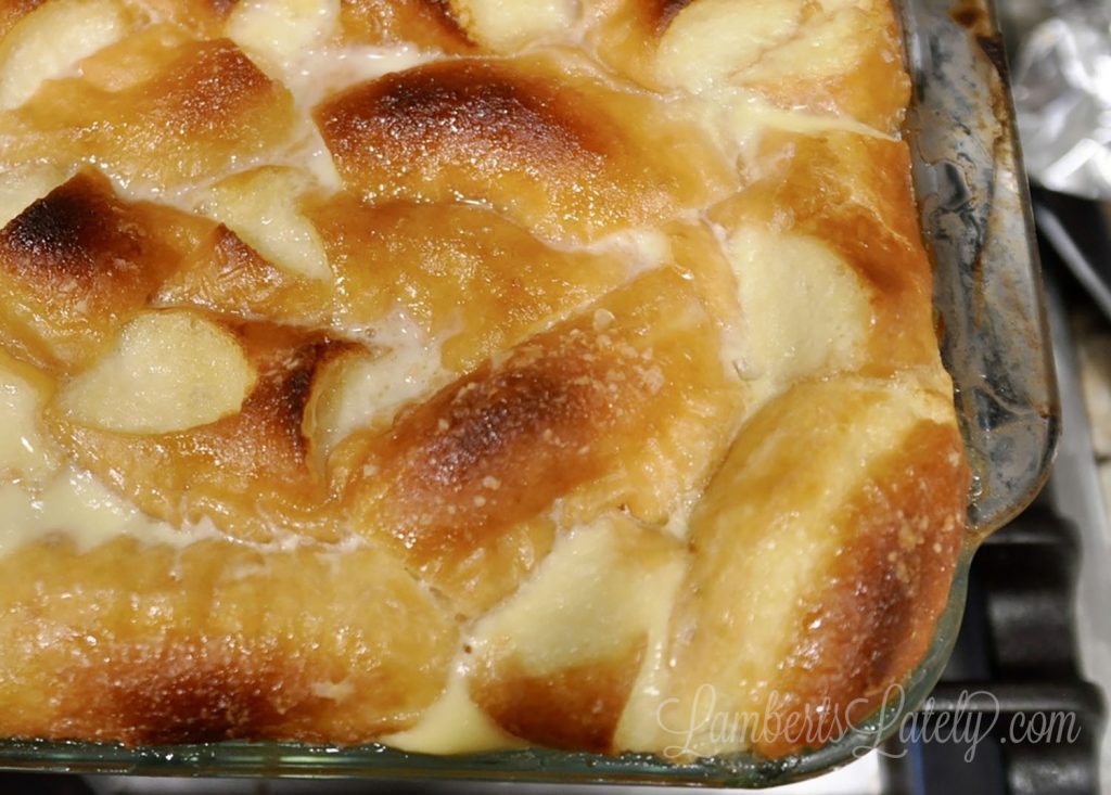 close up of krispy kreme bread pudding.