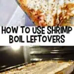 Leftover shrimp boil fisherman's pie in a glass baking dish with a golden crust.