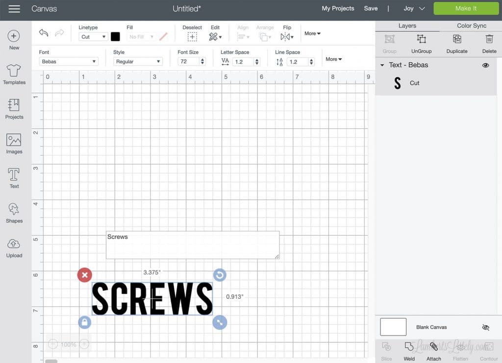 word screws on Cricut design space software page