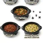 Variety of instant pot freezer meals including spaghetti, chicken tacos, veggie stir-fry, Sloppy Joe.