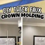 Step-by-step DIY faux crown molding installation in a home interior.