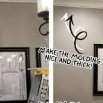 Before and after DIY faux crown molding installation in a home interior.
