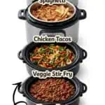 Stacked slow cooker meals with labels for freezer meal prep and recipes.