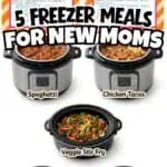 Collection of five freezer meals in Instant Pots and a stir fry in a skillet for new moms.