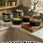 Five freezer meals in Instant Pot and slow cooker with labels for chicken tacos, spaghetti, and more.