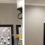 Before and after DIY faux crown molding installation in a room.