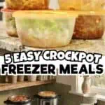 Stacked meal prep containers with crockpot freezer meals and slow cooker dishes.