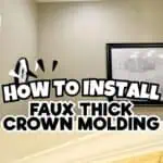 DIY faux crown molding installation with instructional text overlay.