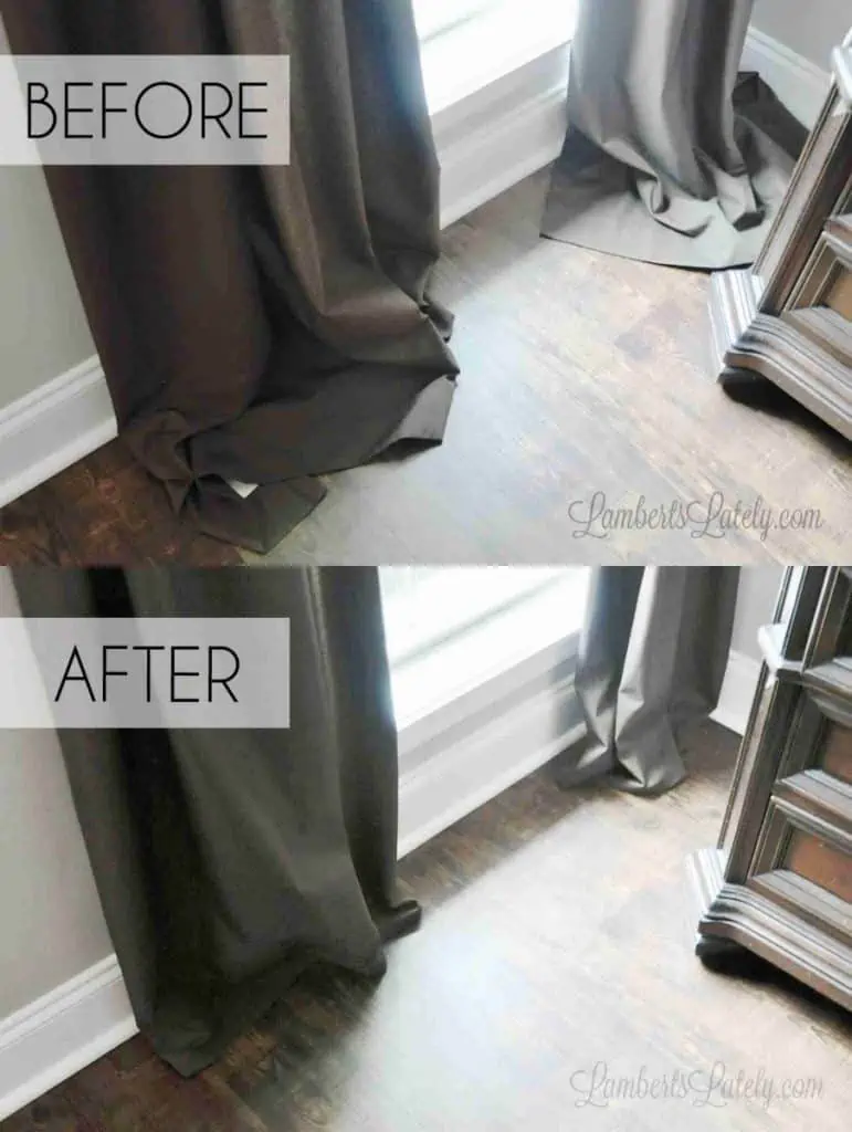 before and after of hemmed curtains.