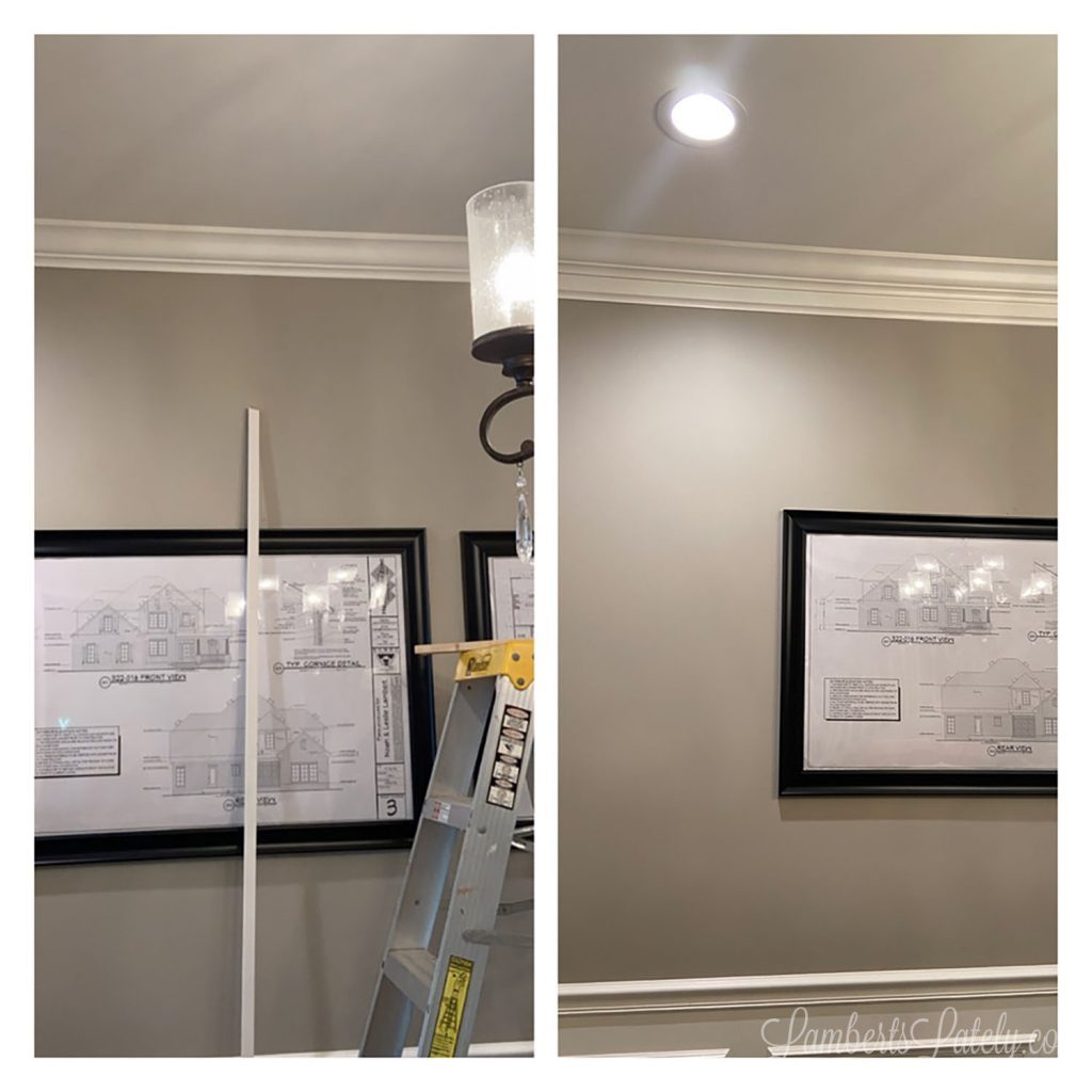 before and after of making crown molding thicker in a dining room.