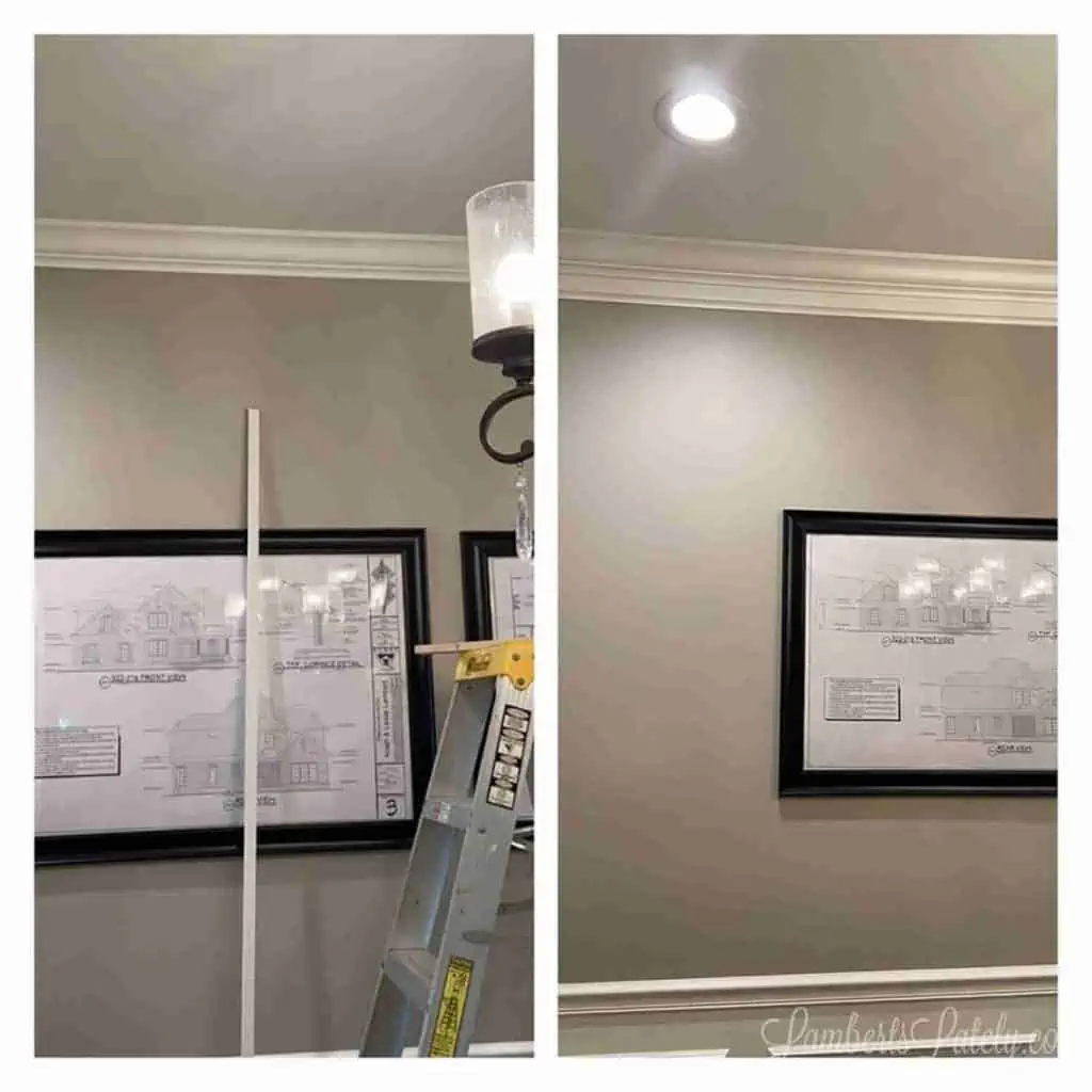 Before and after of DIY faux crown molding installation in a living room.