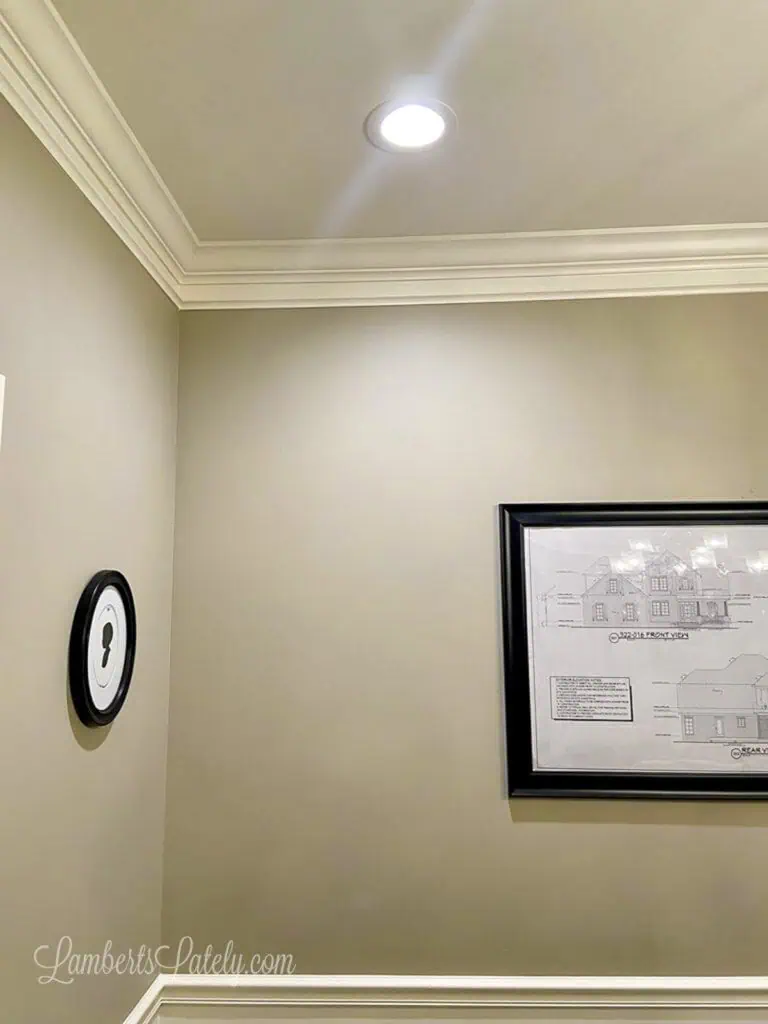 after shot of diy thick faux crown molding in a dining room.
