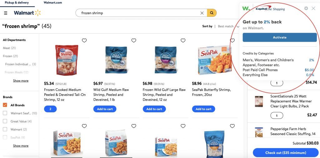 capital one shopping widget in walmart grocery site.