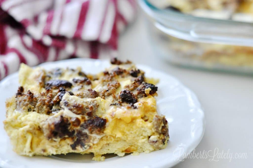overnight breakfast casserole with sausage, eggs, cheese, bread - close up
