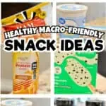 Healthy macro-friendly snack ideas including protein shakes, yogurt, and cookies.
