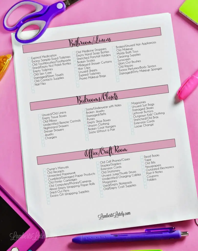 room by room declutter checklist page on a pink background.