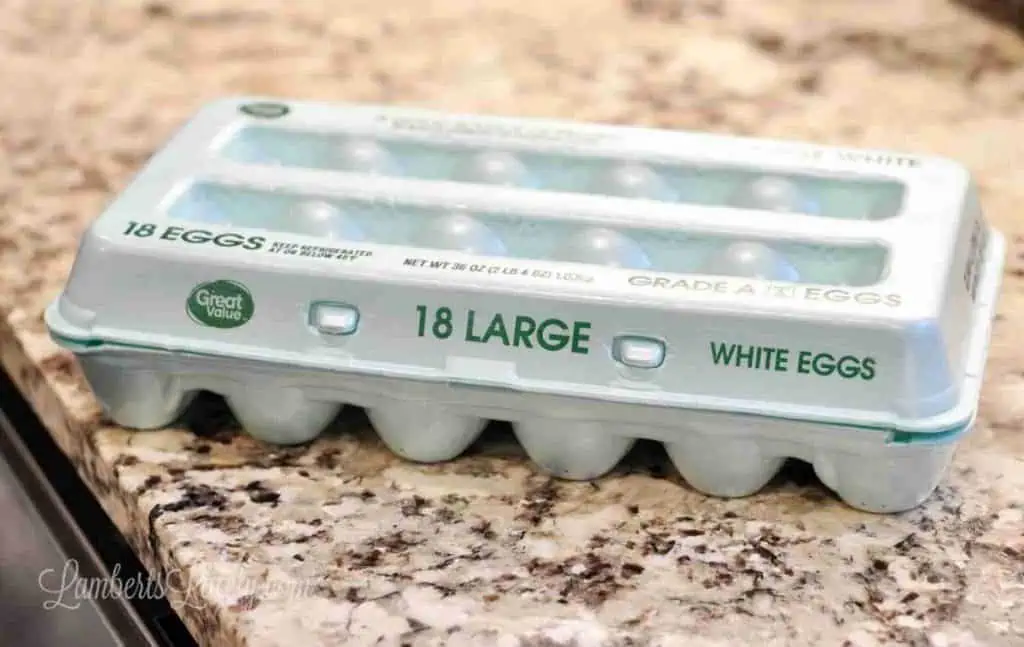 carton of eggs on a counter.