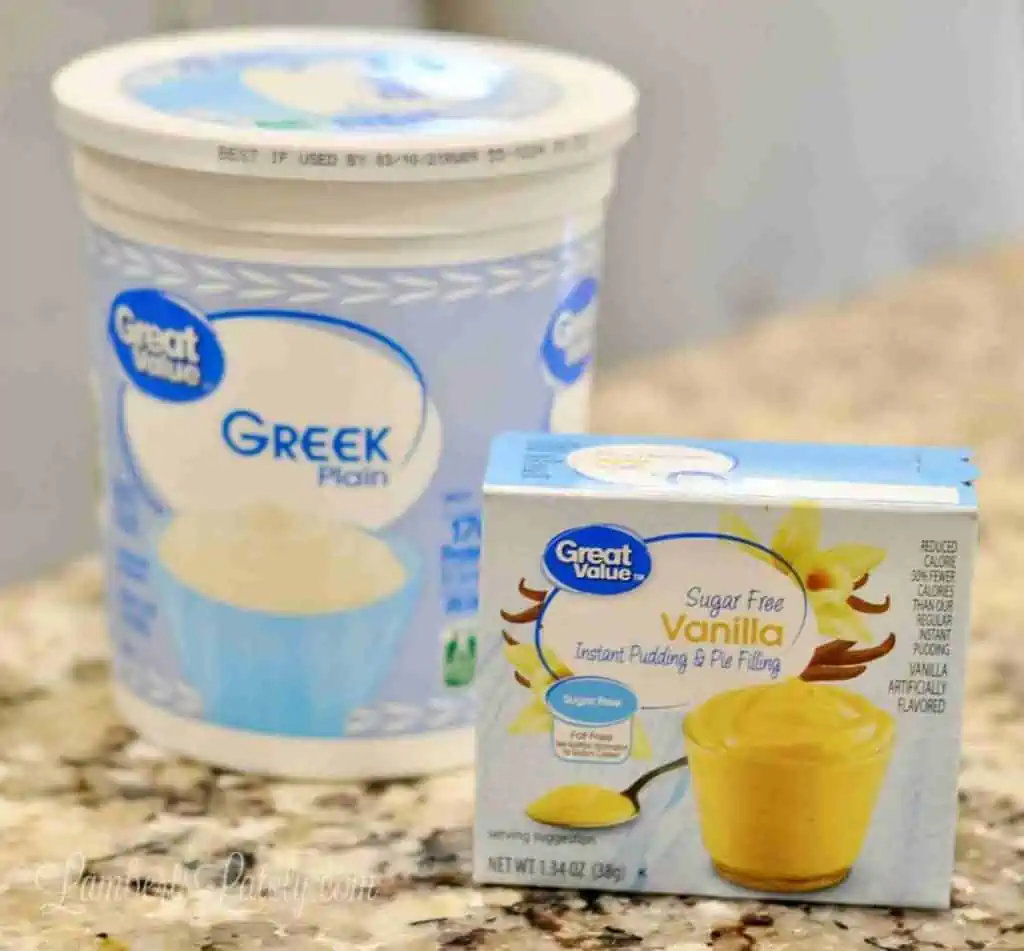 tub of greek yogurt and pack of sugar free pudding mix.