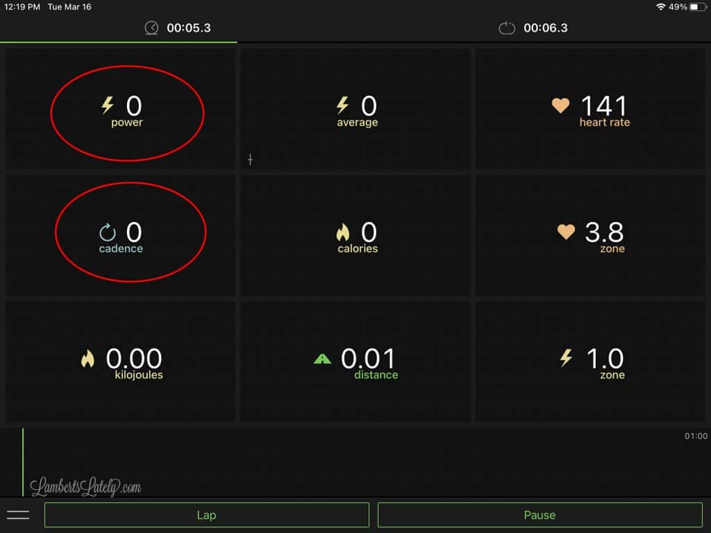 kinetic app on an iPad showing 0 power and cadence