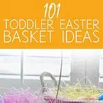101 toddler easter basket ideas; baskets in front of a window.
