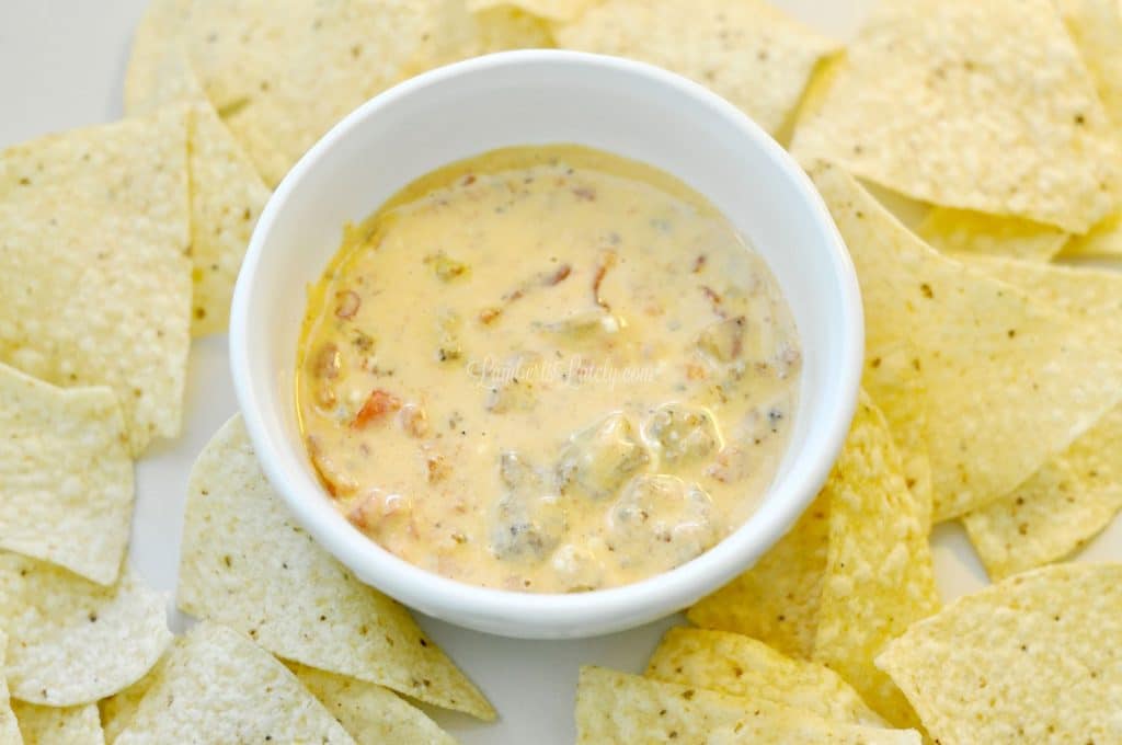 bowl of rotel dip surrounded by tortilla chips