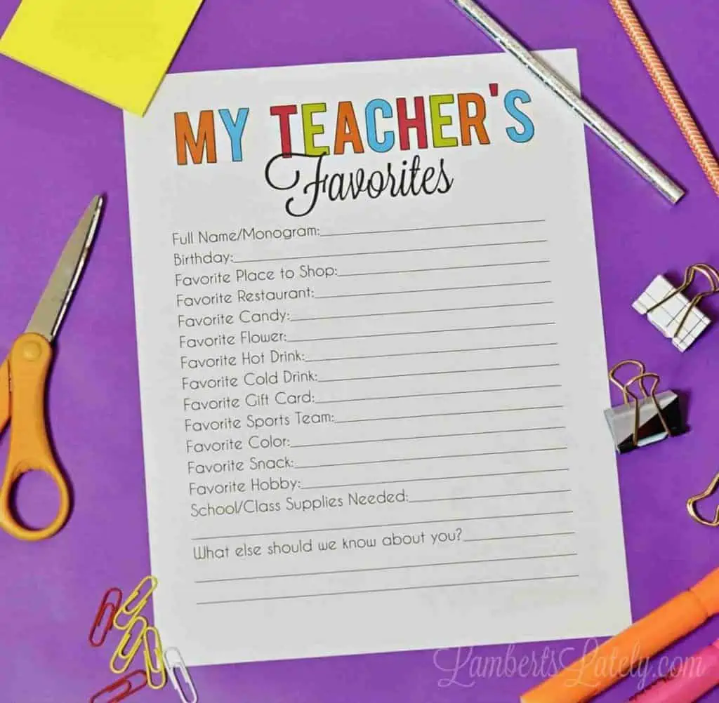 Teacher Favorite Things Form – Free Printable