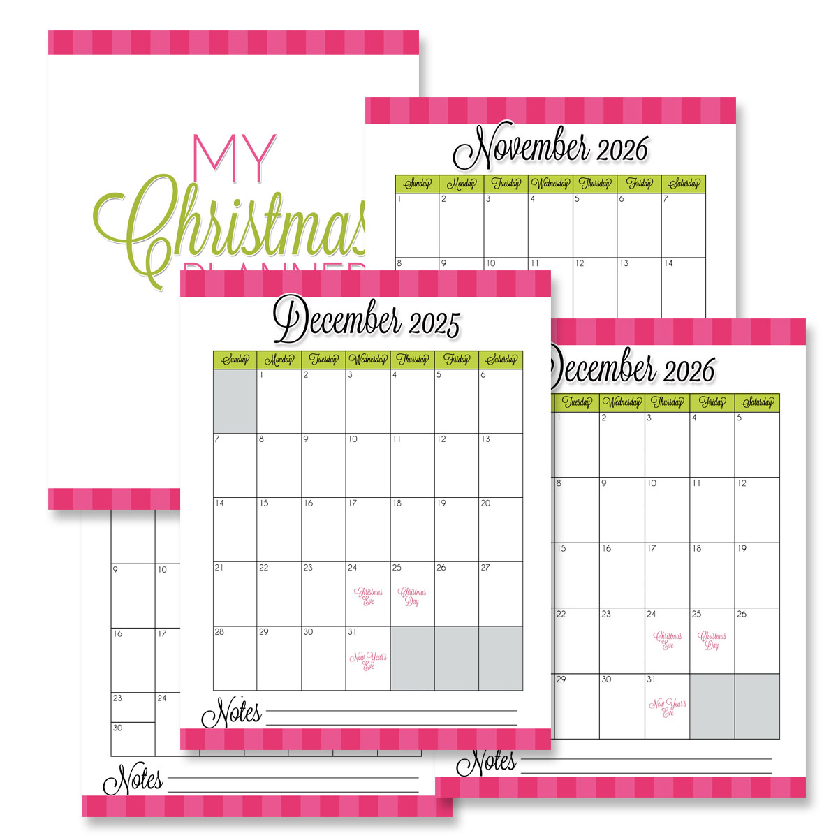 christmas planner cover page and calendars for 2025 and 2026.