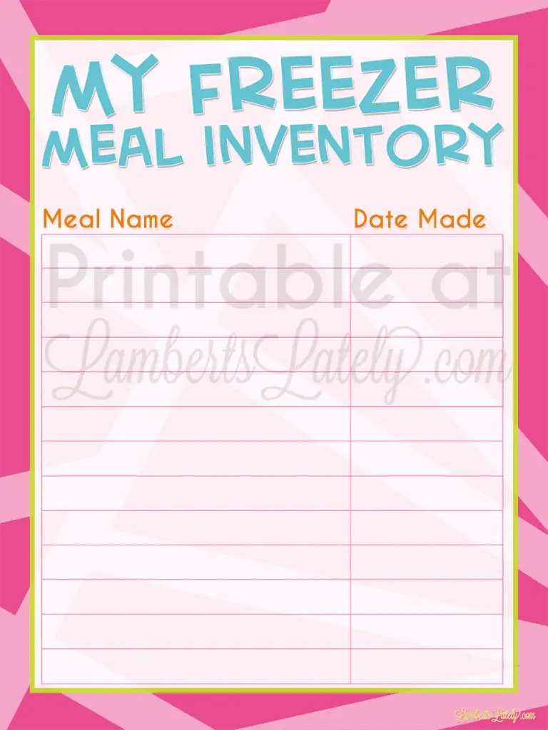 freezer meal inventory printable page.