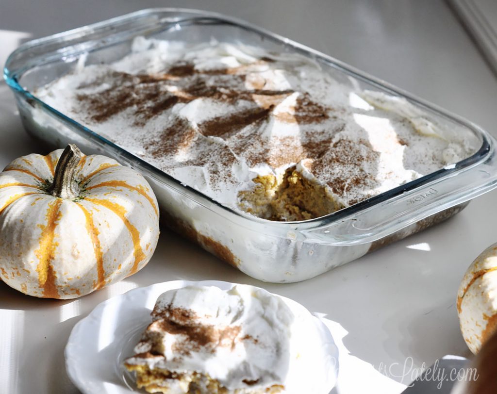 finished pumpkin spice tres leches cake in a pyrex baking dish