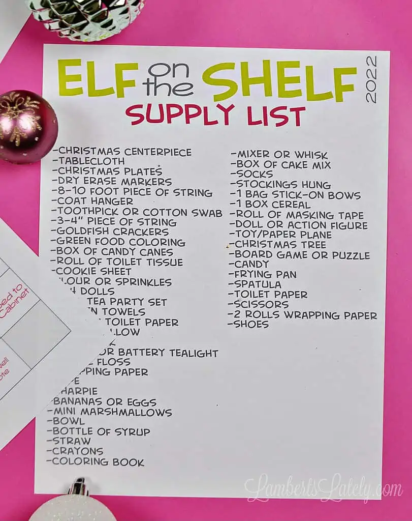 elf on the shelf activities supply list