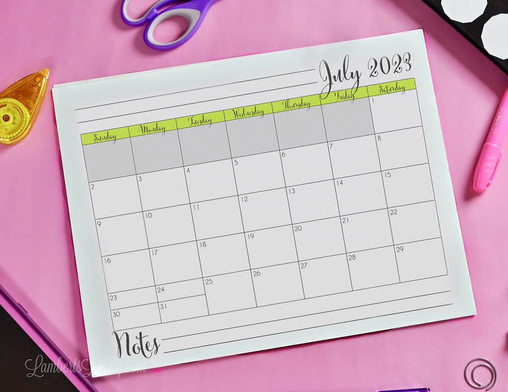 horizontal july 2023 calendar printable