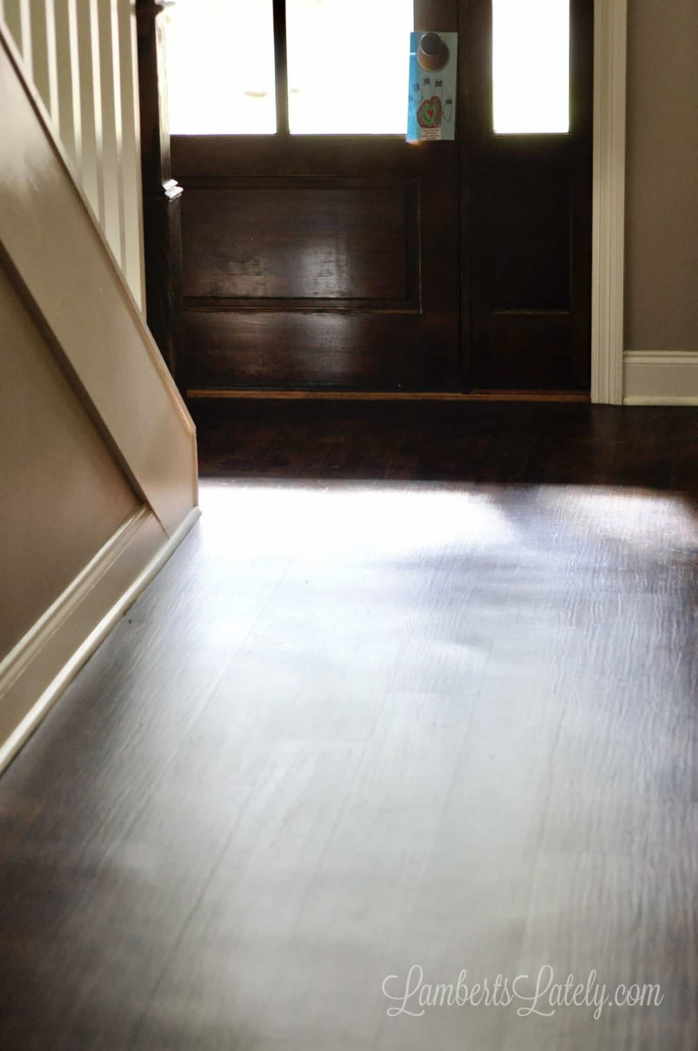 foyer of a home with dark vinyl plank flooring.