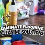 Assorted mopping cleaning solutions and tools for laminate flooring cleaning.