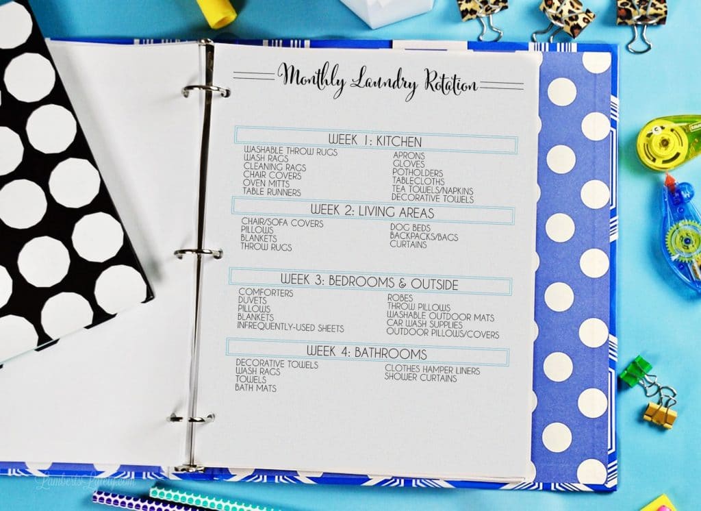 monthly laundry rotation printable in a notebook